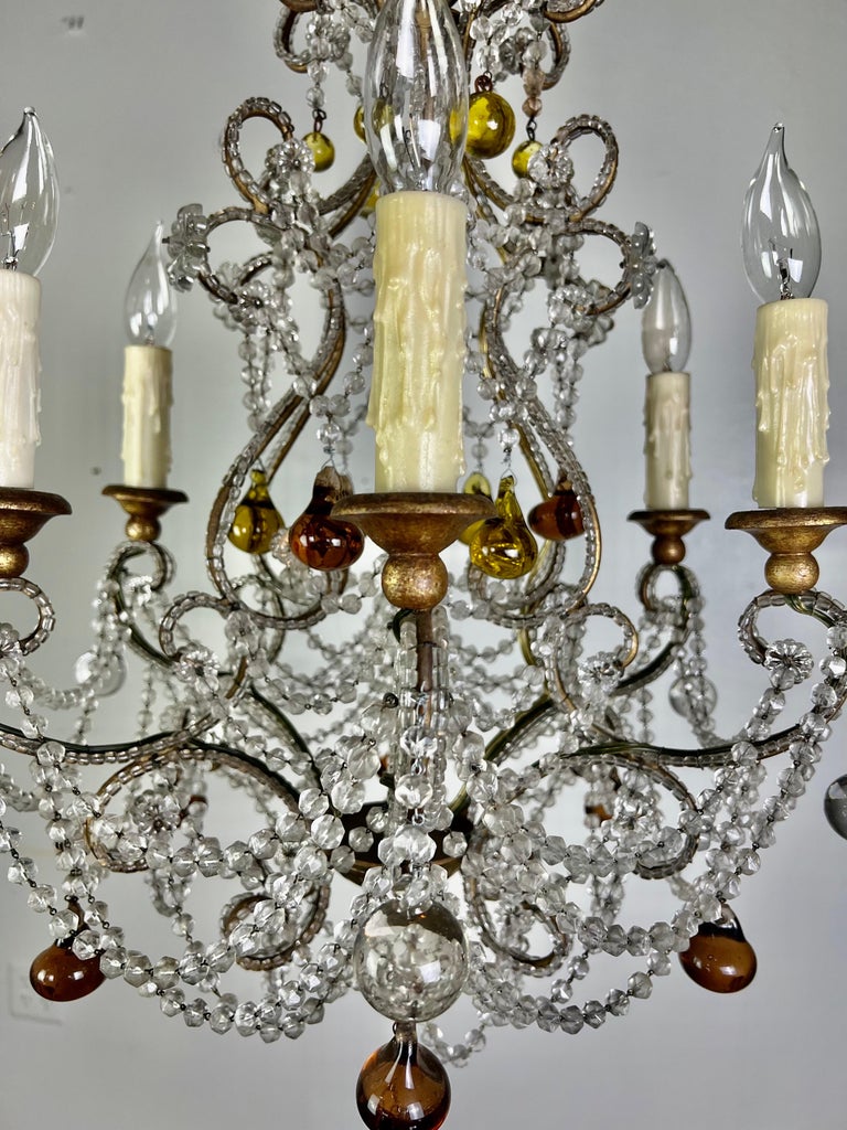 French Crystal Beaded Chandelier W/ Amber Drops, circa 1930