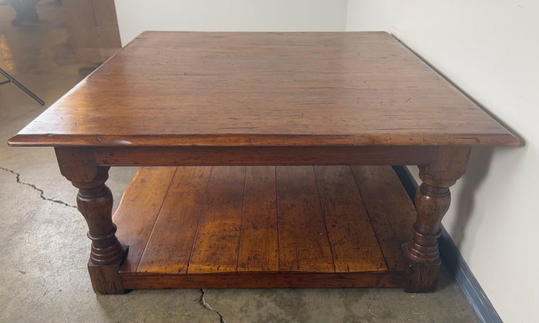 French Country Walnut Coffee Table with Turned Legs and Lower Shelf