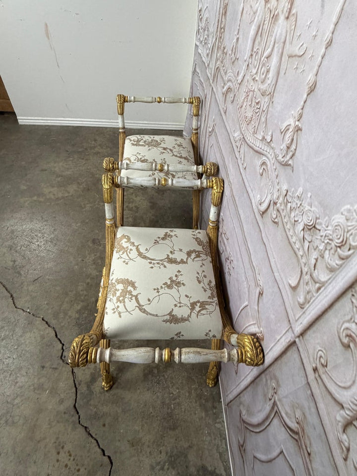Pair of Italian Neoclassical Curule Stools w/ Fortuny Upholstery