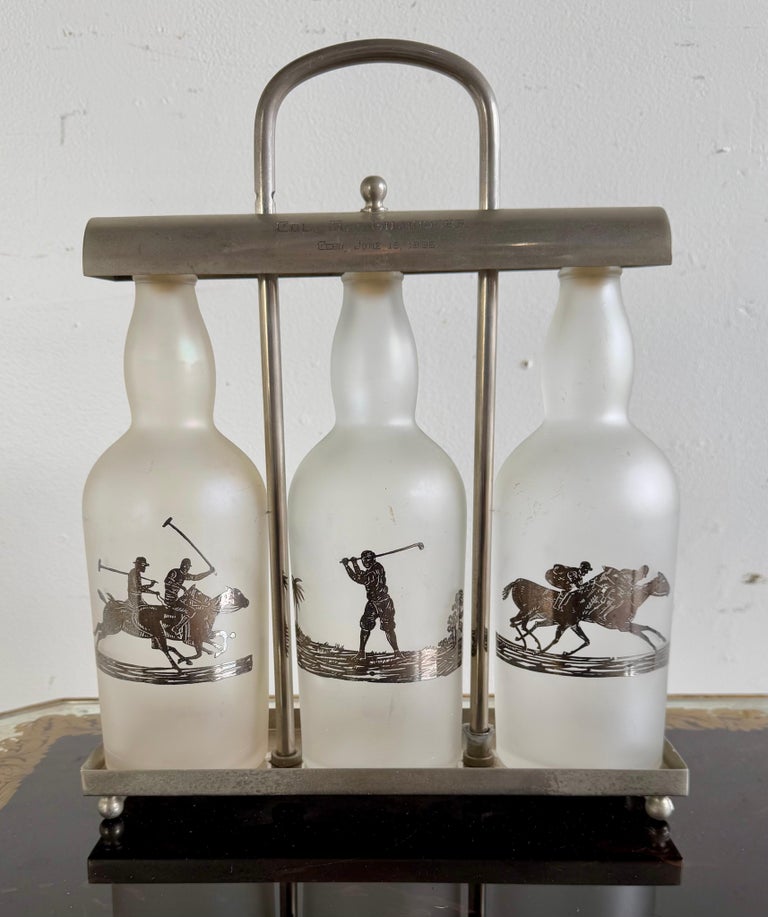 Set of Etched Polo Player Bottles in Silver Tantalus C. 1930's