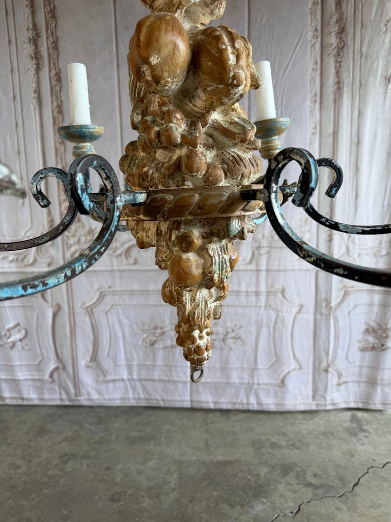 Italian Rococo Painted Wood & Iron 6-Light Chandelier with Fruit Garland