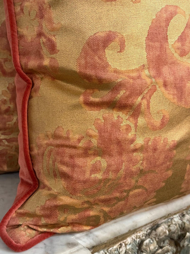 Custom Mariano Fortuny Pillows in Antique Gold &amp; Coral Damask