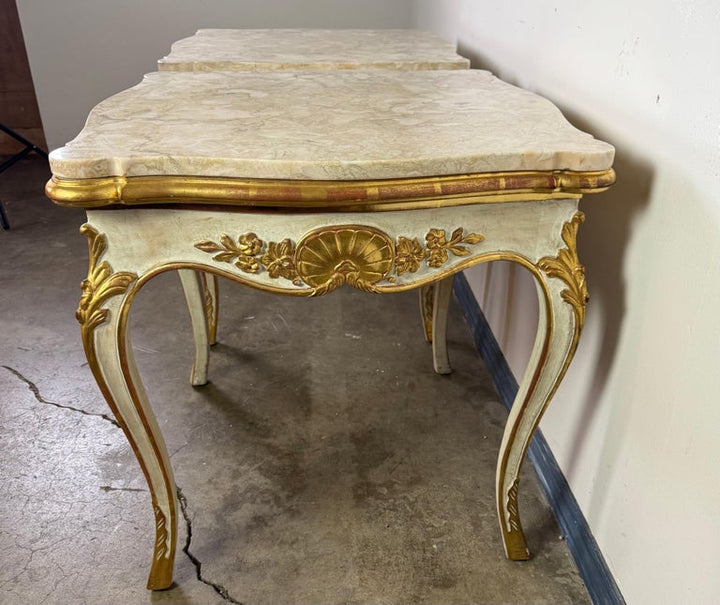 Pair of Giltwood & Painted Marble-Top Side Tables with Drawers