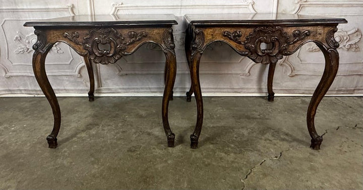 Pair of Louis XV Side Tables, Burl Walnut, Hand-Carved, Circa 1920s