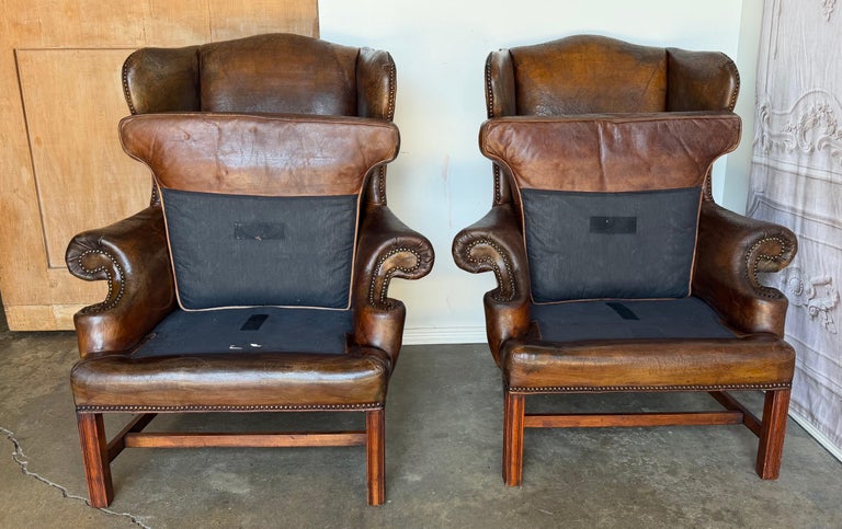 Pair of English Georgian Style Wingback Armchairs - Distressed Brown leather