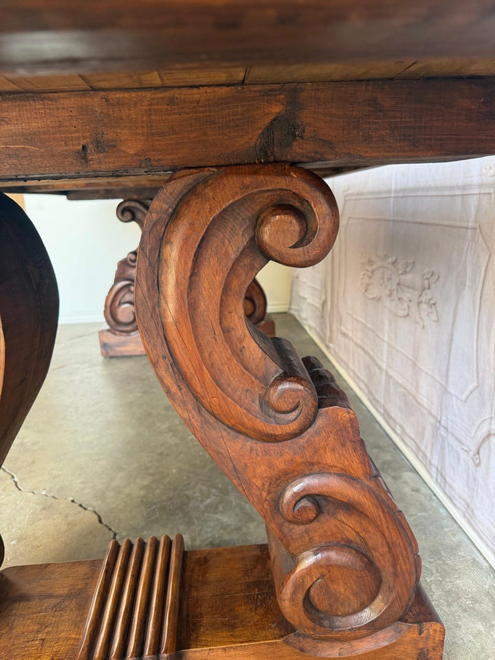 Spanish Colonial Revival Walnut Dining Table with Hand-Carved Scrollo
