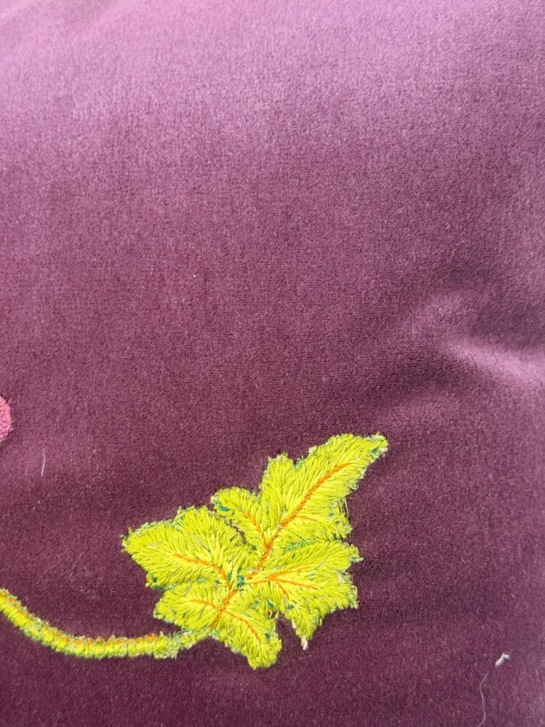Pair of Aubergine Velvet Pillows - Antique Hand-Embroidered Grape Vine Applique