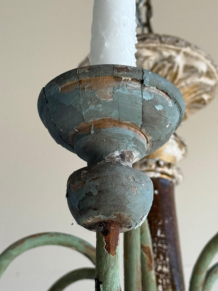 Grand Italian Painted and Giltwood Twelve-Light Chandelier
