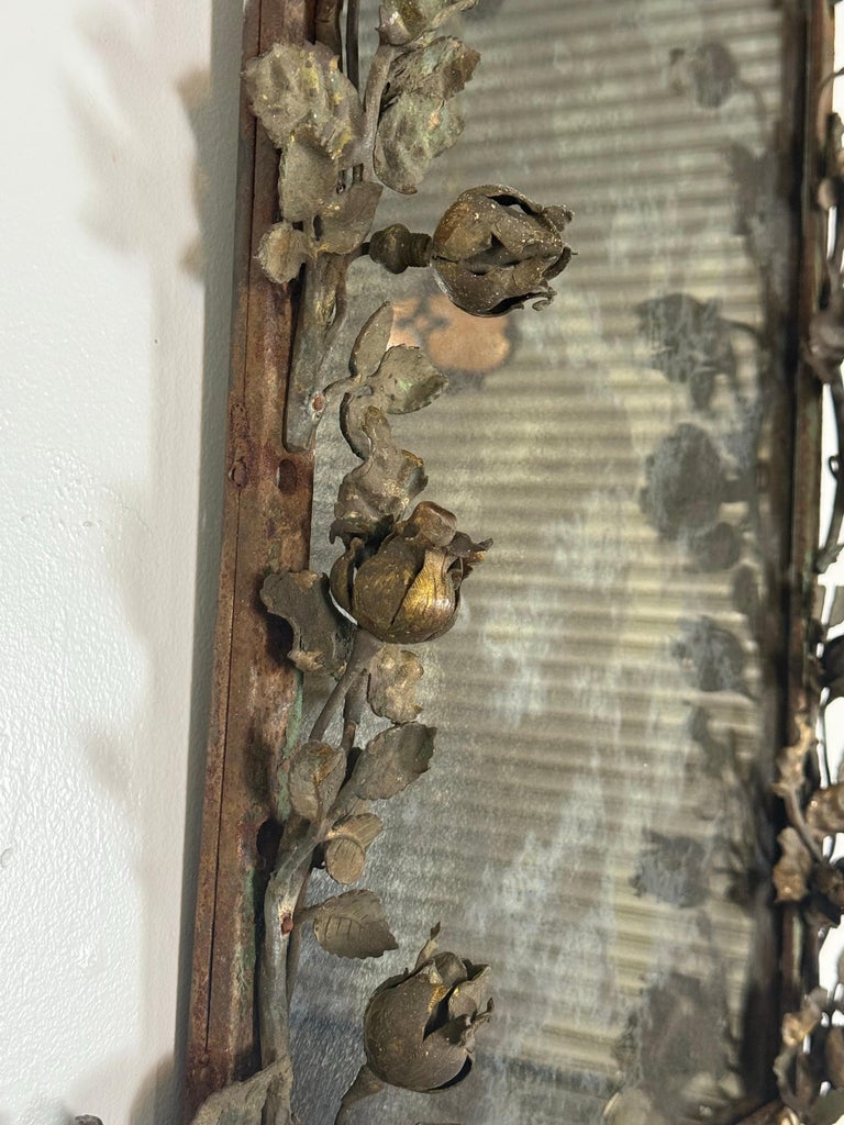 Antique Mid-Century Wrought Iron Mirror with Floral Motif