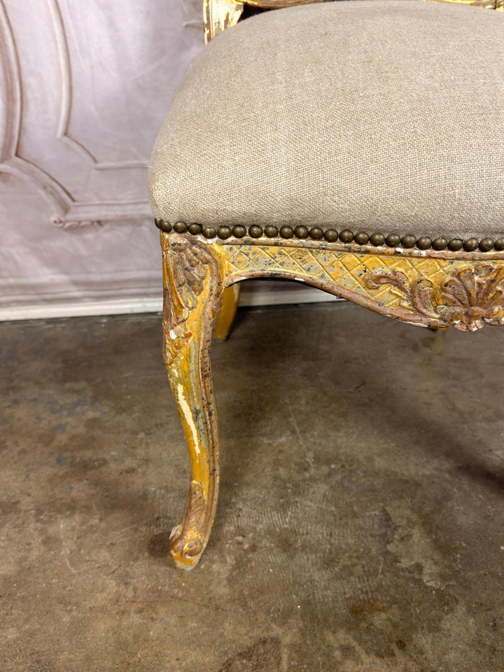 Set of 14 French Louis XV Style Gilt Dining Chairs with Linen Upholstery