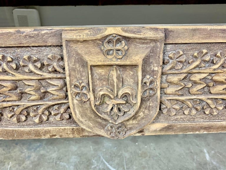 Monumental Spanish Carved Wood Bench with Linen Upholstery