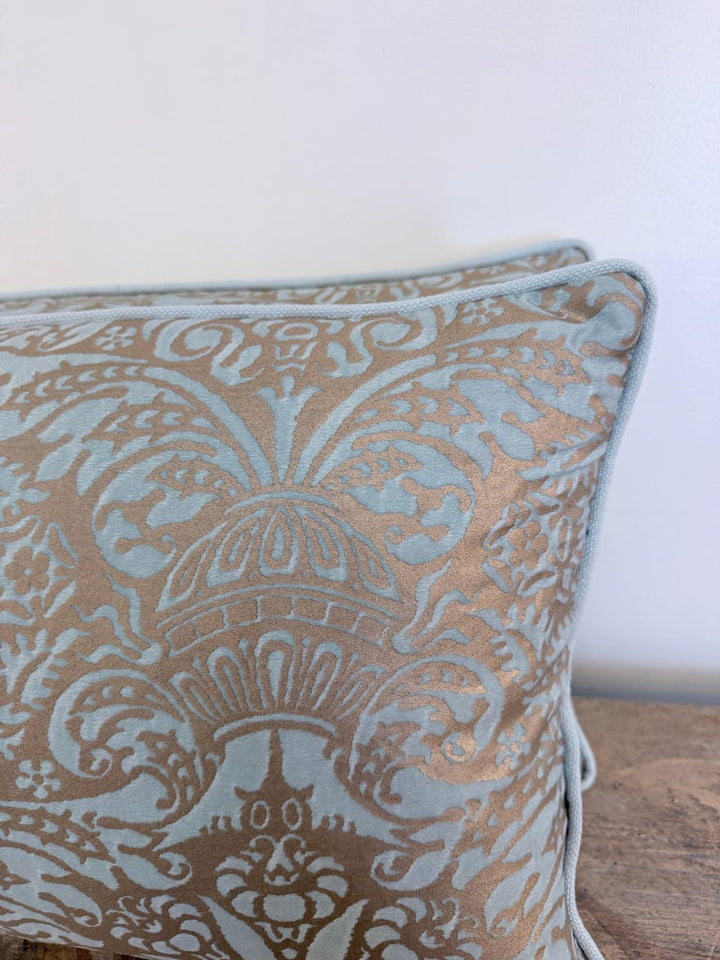 Custom Aquamarine & Gold Fortuny lumbar Pillows