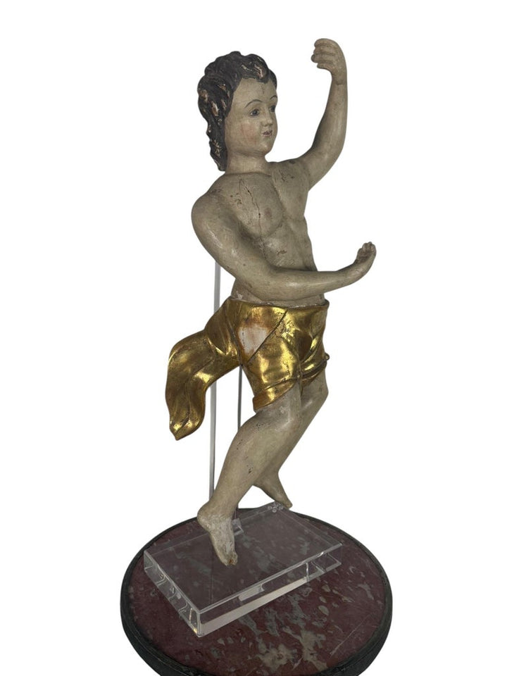 19th Century Carved Polychrome and Giltwood Statue of a Putti