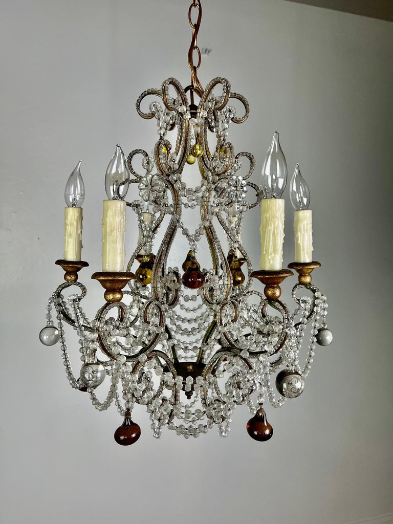 French Crystal Beaded Chandelier W/ Amber Drops, circa 1930