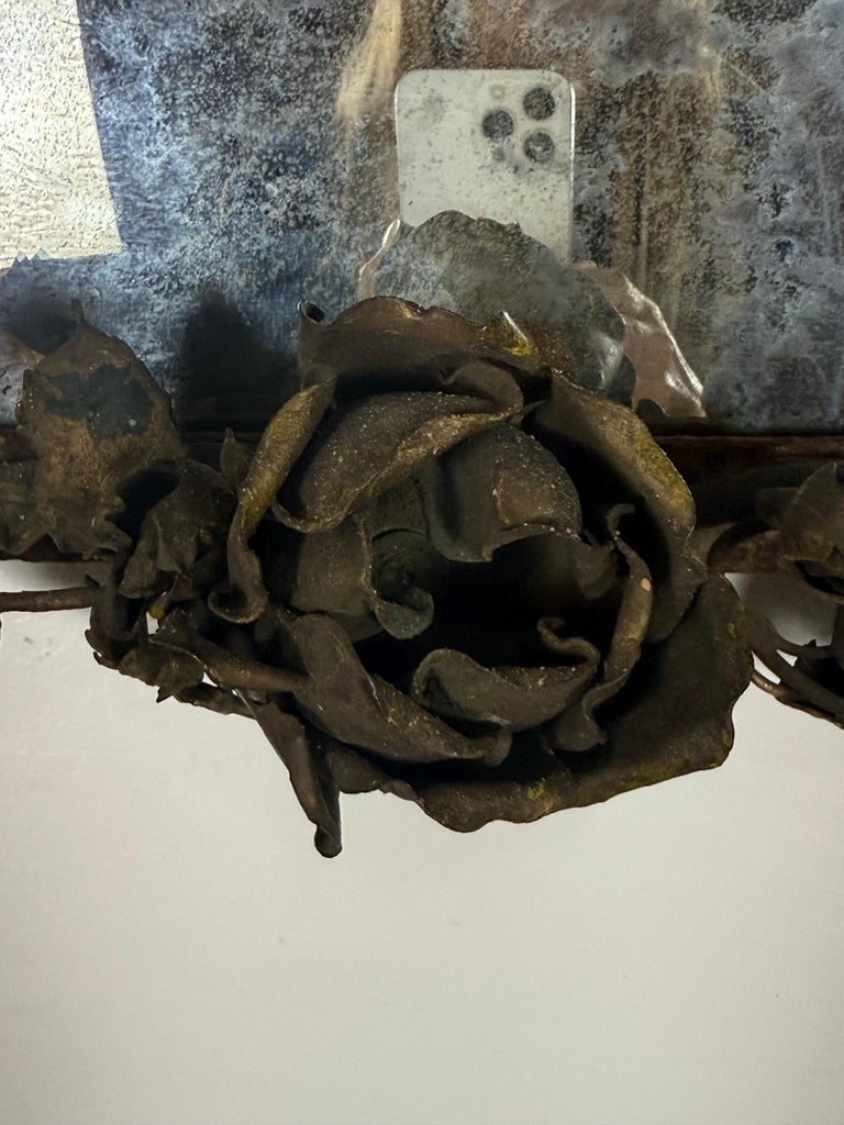 Antique Mid-Century Wrought Iron Mirror with Floral Motif