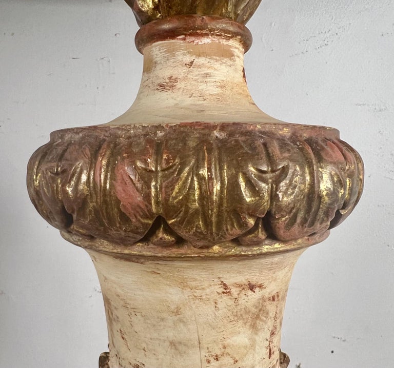 Pair of Painted & Parcel Gilt Carved Flame Lamps w/ Parchment Shades