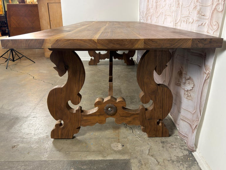 .Monumental Spanish Baroque Walnut Trestle Dining Table by Miamar Home