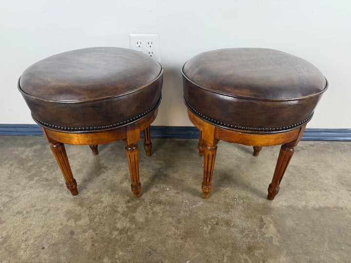 Pair of Louis XVI–Style Swivel Stools in Patinated Leather, Mid-20th Century