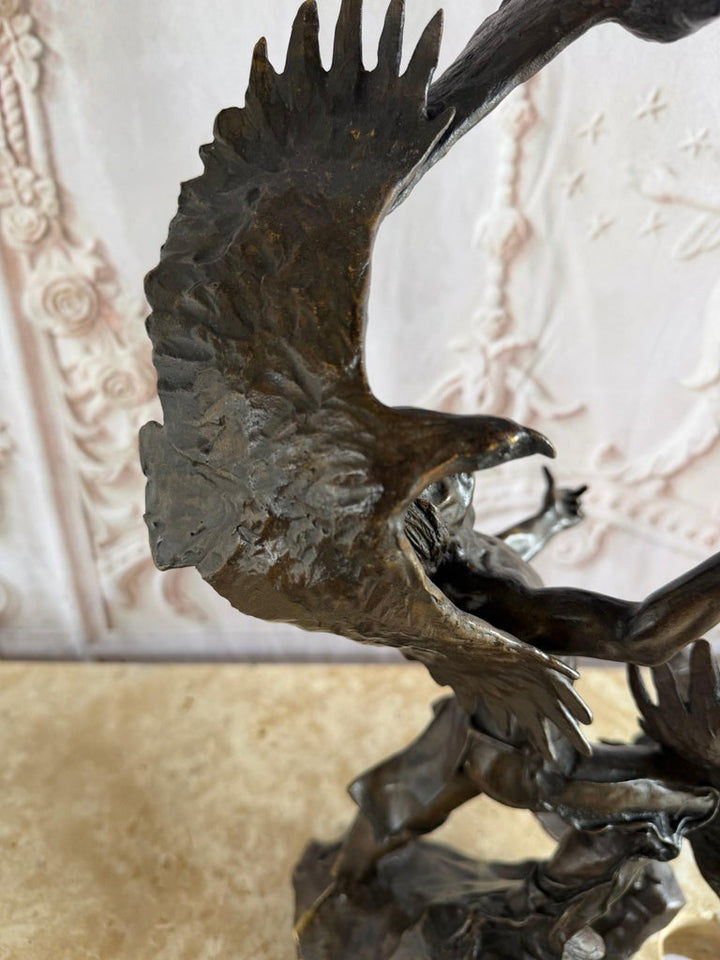Monumental Bronze Sculpture of Native Warrior and Eagles, Dynamic Art