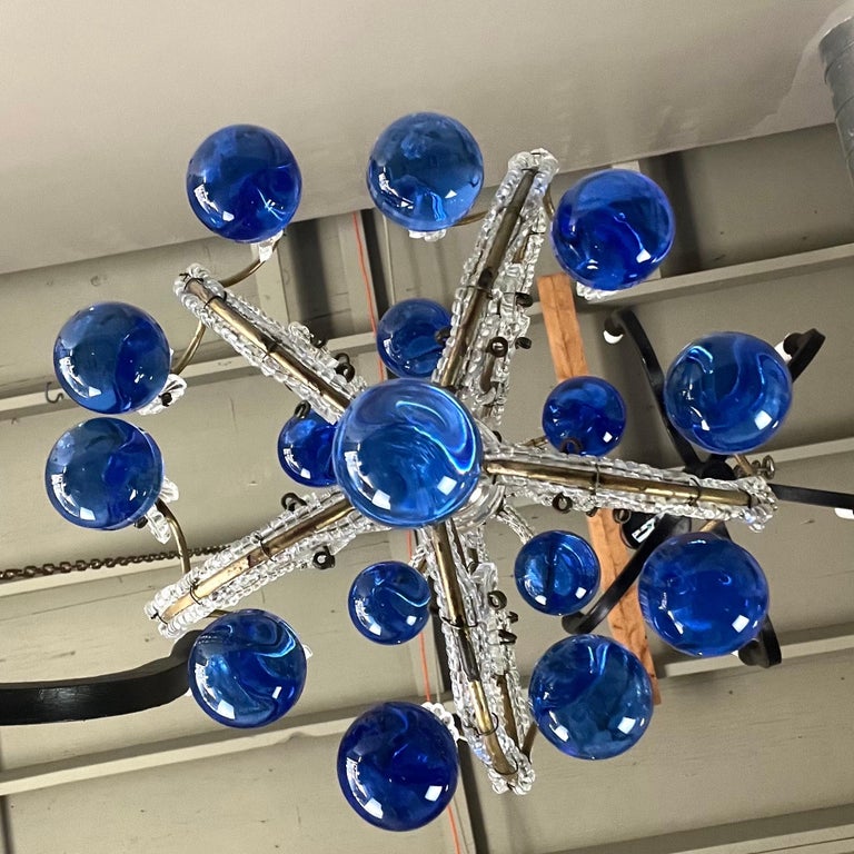 French Crystal Beaded Chandelier w/ Cobalt Drops C. 1920