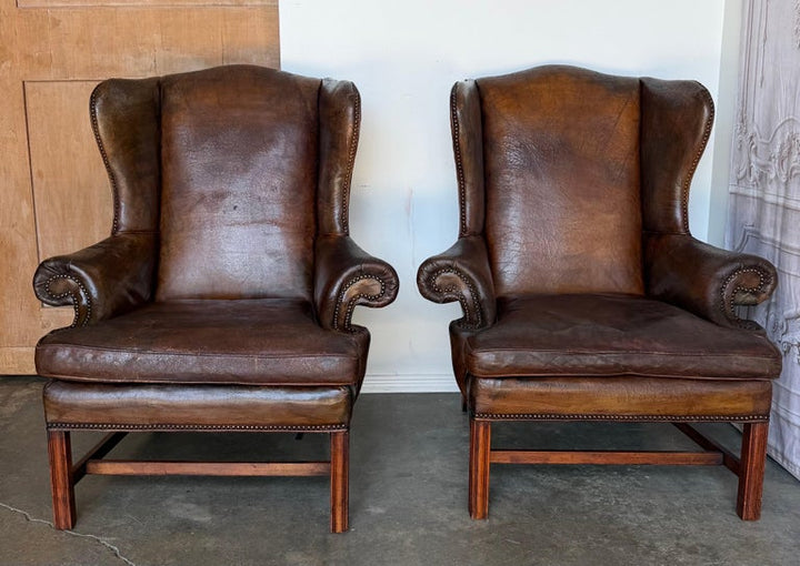 Pair of English Georgian Style Wingback Armchairs - Distressed Brown leather