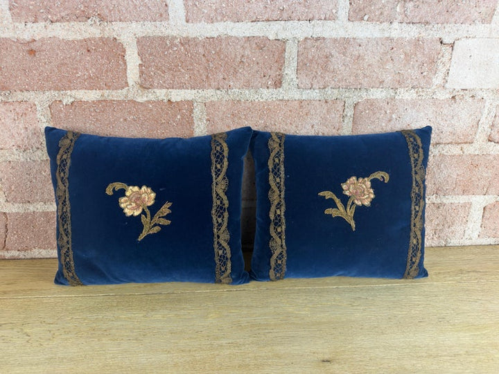 Pair of French Sapphire Velvet Pillows with 19th Century Gold Metallic Appliques