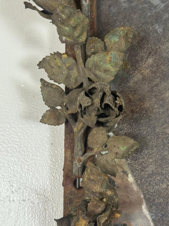 Antique Mid-Century Wrought Iron Mirror with Floral Motif