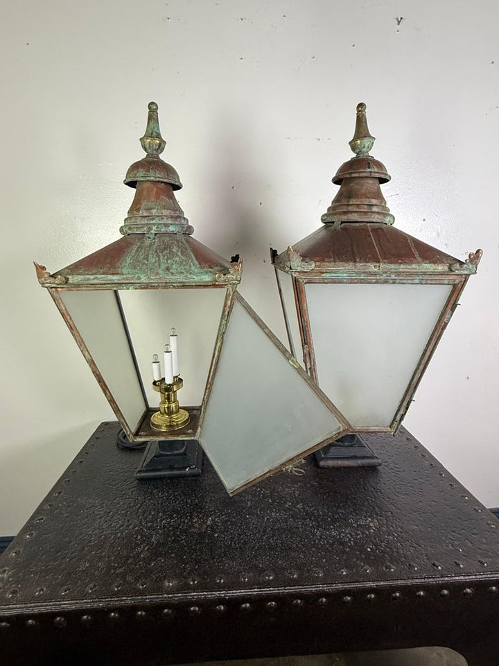 Pair of Monumental Antique Copper Street Lanterns with Verdigris Patina
