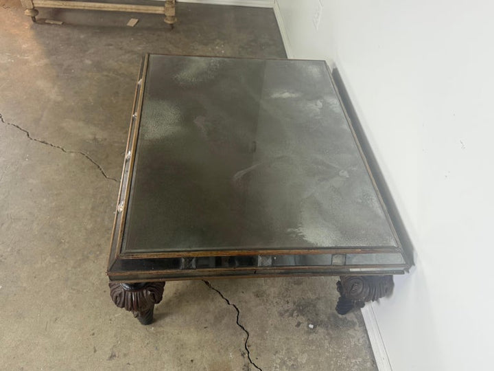 Hollywood Regency Mirrored Coffee Table with Carved Wood and Twisted