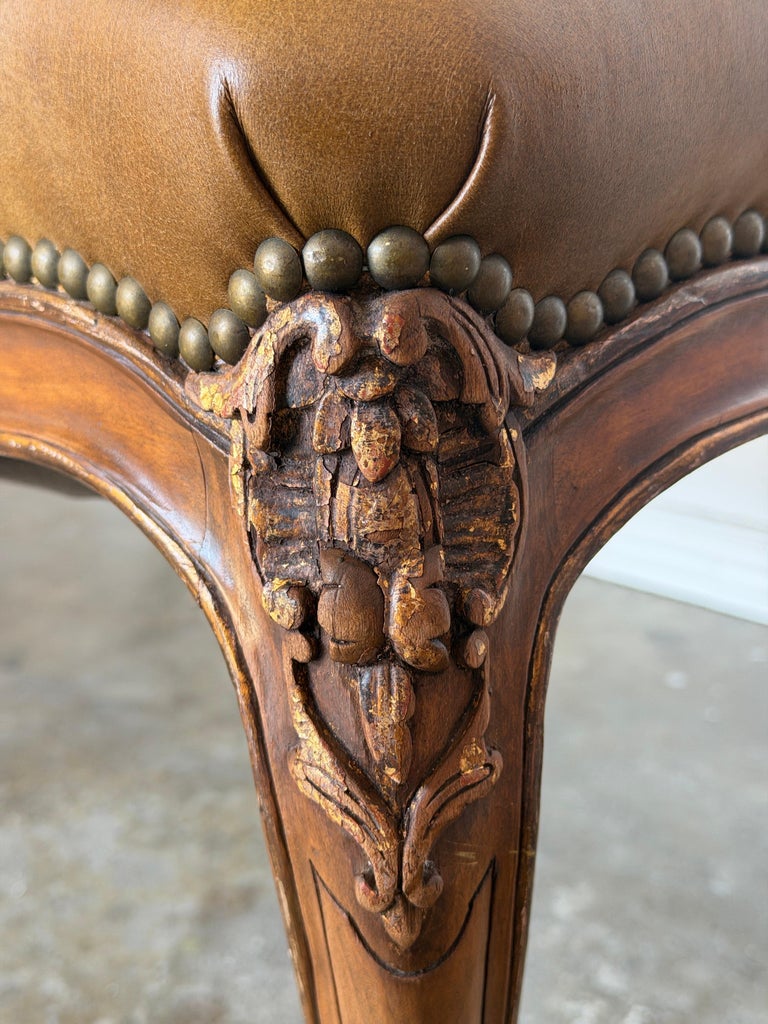 Pair of VIntage French Louis XV Cognac Leather Fauteuils