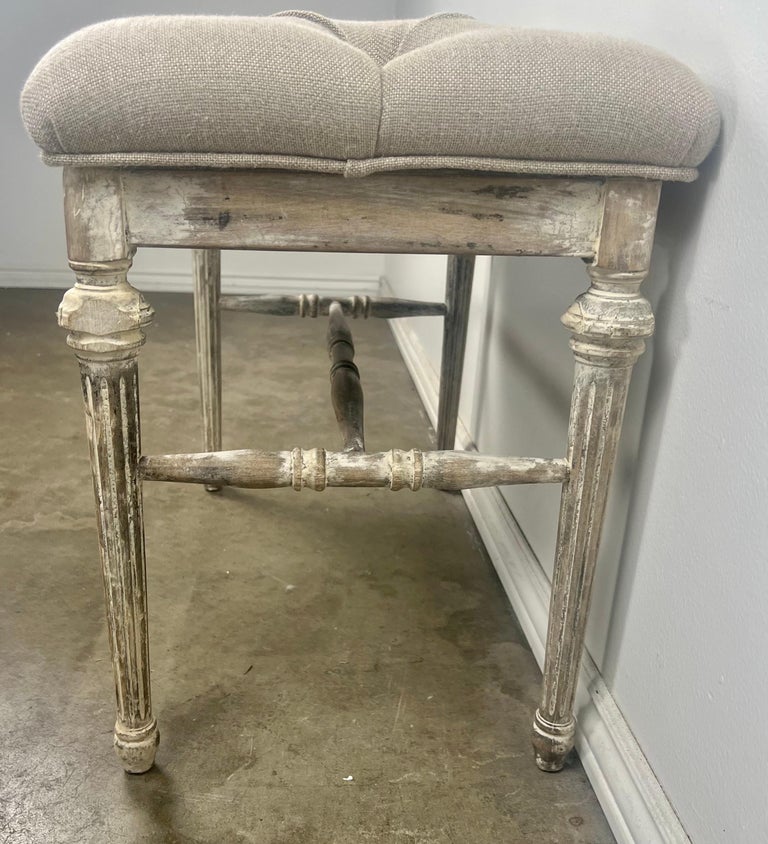 French Louis XVI Style Painted Bench w/ Belgium Linen