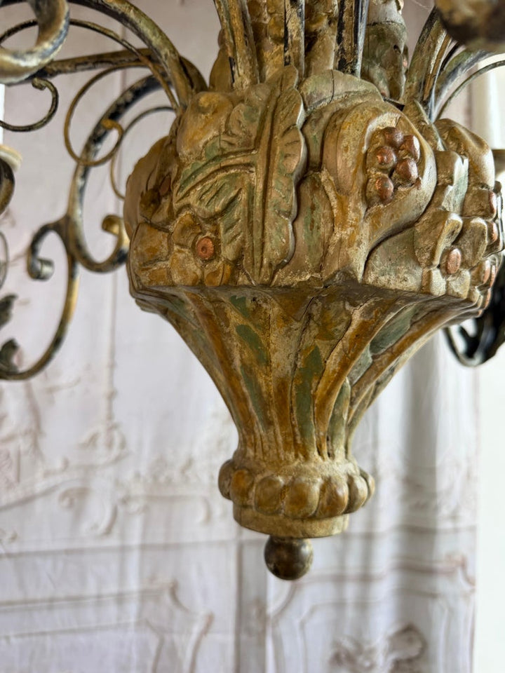 Monumental Italian Rococo Painted Wood & Wrought Iron 12-Light Chandelier