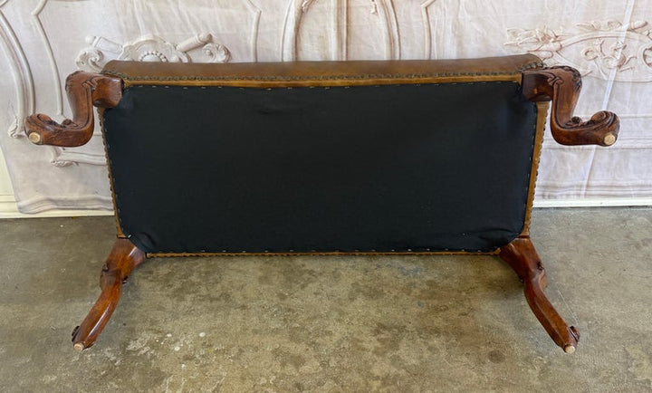 Antique French Louis XV Bench, Hand-Carved Wood &amp; Brown Leather