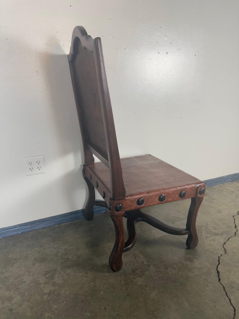 Set of Eight Spanish Walnut & Leather Dining Chairs