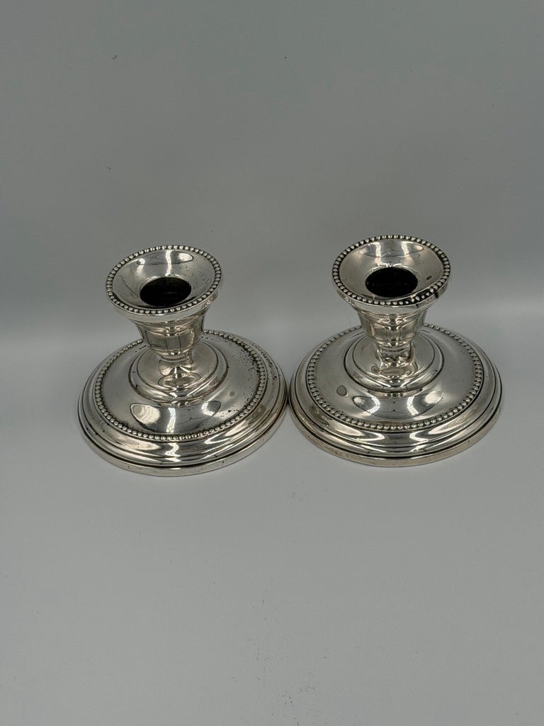 Pair of Antique Sterling Silver Candlesticks with Beaded Rim Detail
