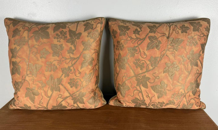Pair of Authentic Fortuny “Vine & Grapes” Pattern Pillows in Coral and Gold