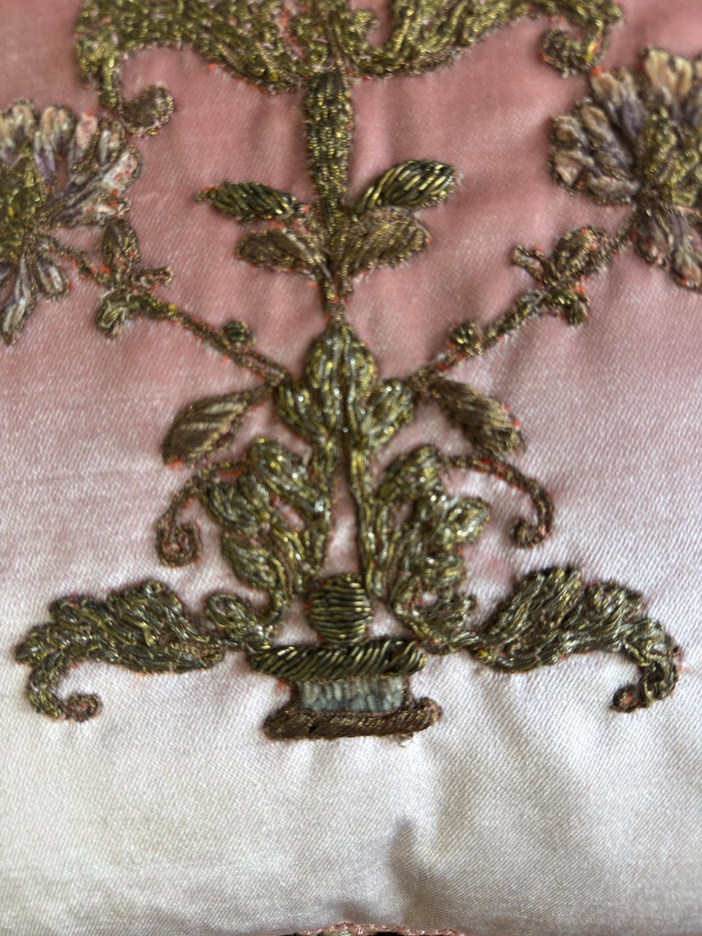 Pair of French Couture Blush Silk Velvet Pillows with 19th Century Appliques&