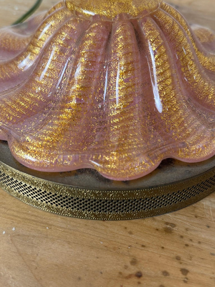 Pair of Murano Pink and Gold Glass Table Lamps w/ Coordinating Parchment Shades