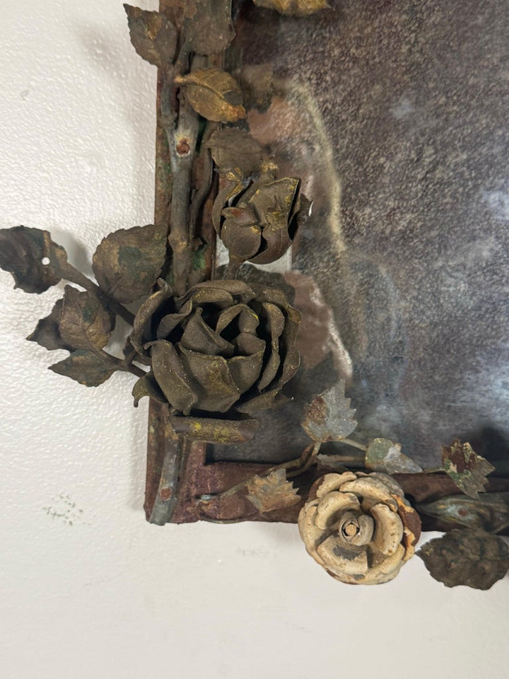 Antique Mid-Century Wrought Iron Mirror with Floral Motif