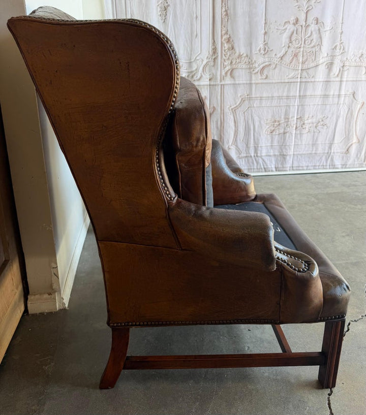 Pair of English Georgian Style Wingback Armchairs - Distressed Brown leather