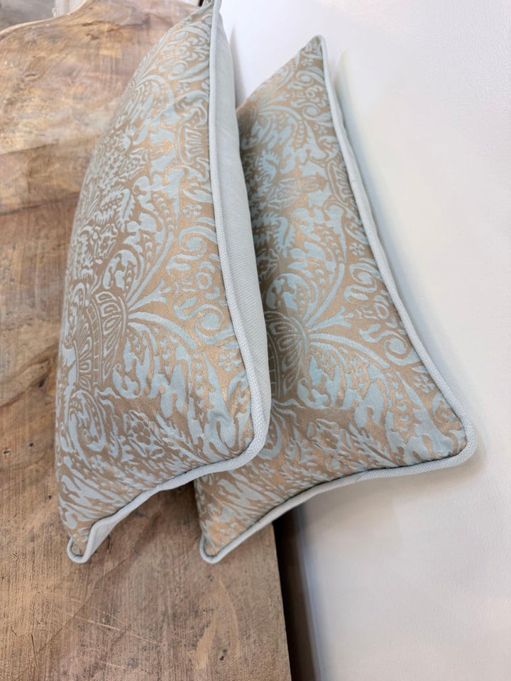 Custom Aquamarine & Gold Fortuny lumbar Pillows
