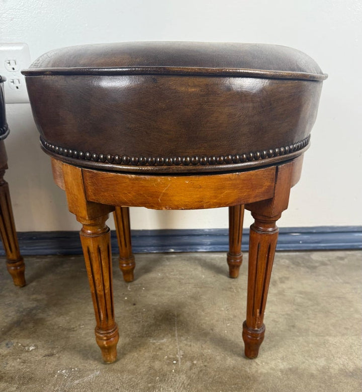 Pair of Louis XVI–Style Swivel Stools in Patinated Leather, Mid-20th Century