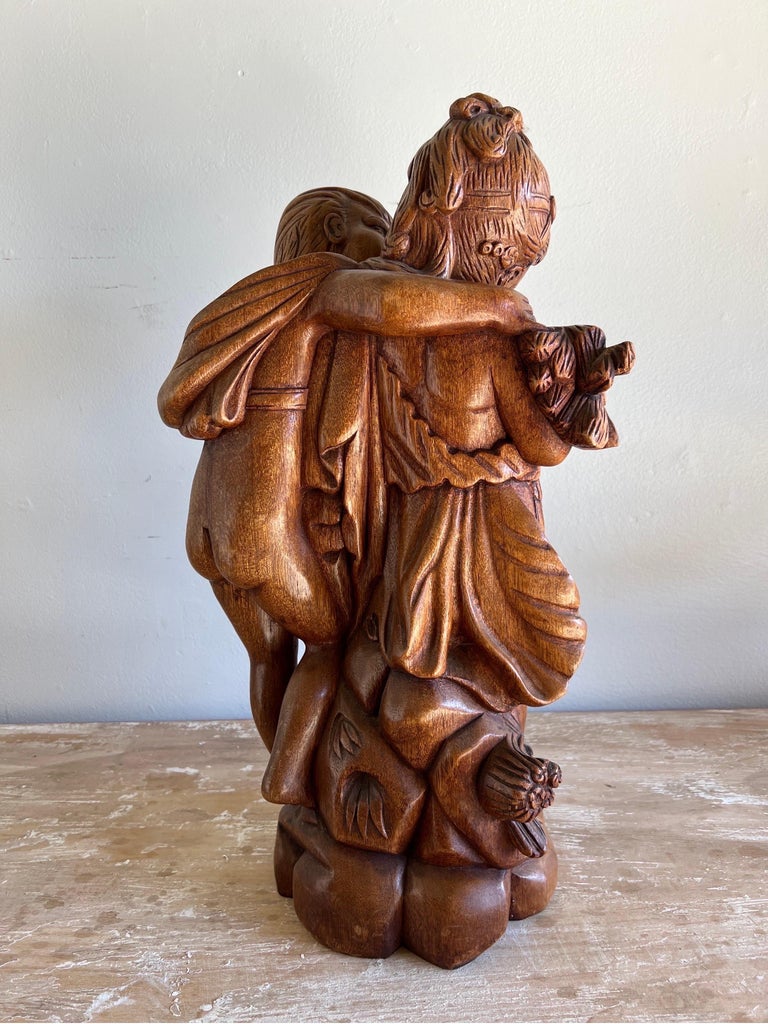 French Walnut Carved Figuritive Sculpture of Boy & Girl