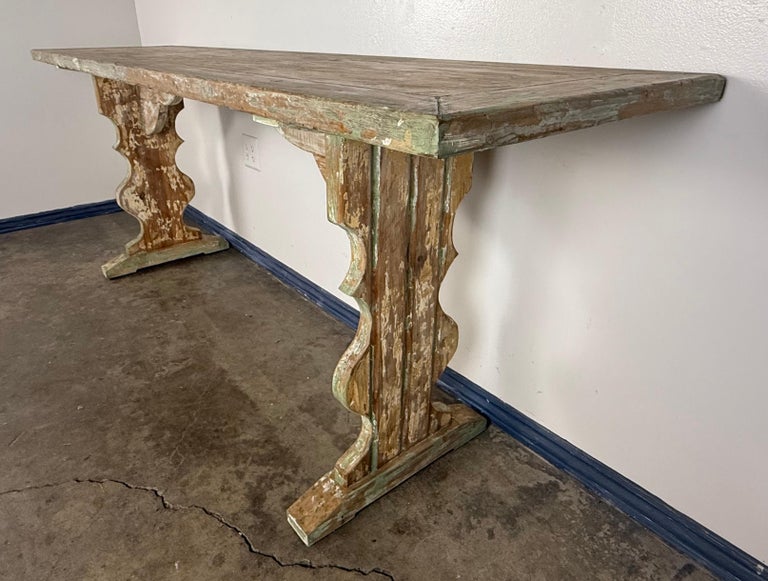 Weathered Swedish-Style Pine Console Table with Lyre-Shaped Supports