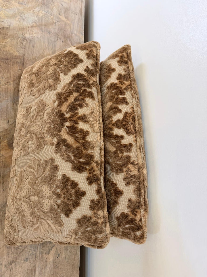 Pair of Cut Velvet Lumbar Pillows, Taupe-Brown Damask, Antique Style