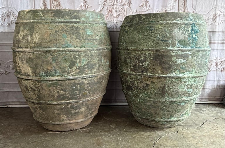 Mediterranean barreal Jars - Verdigris Patinated Terracotta Olive Vassels