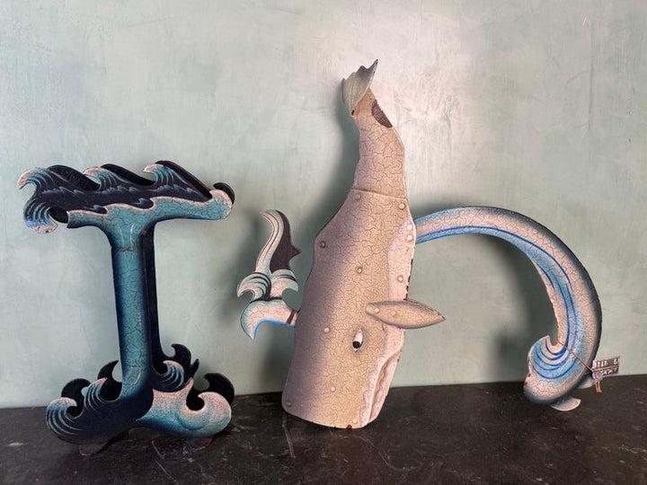 Vintage Folk Art Carved Whale Kinetic Sculpture on Stylized Ocean Base