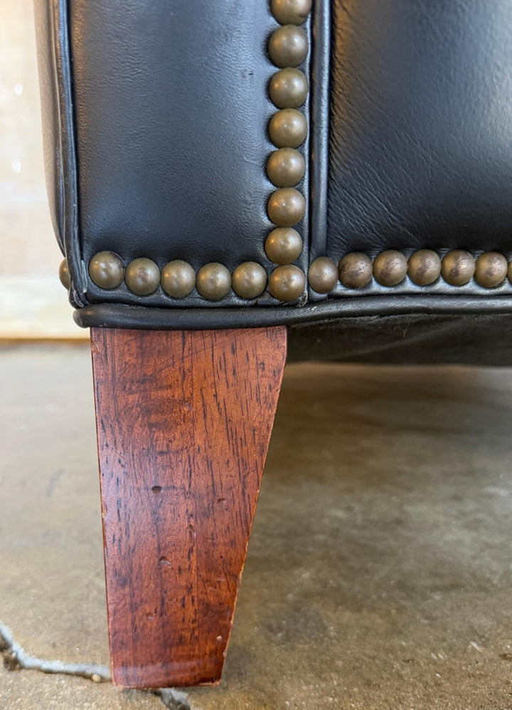 Pair of Thomasville Black Leather Wingback Lounge Chairs
