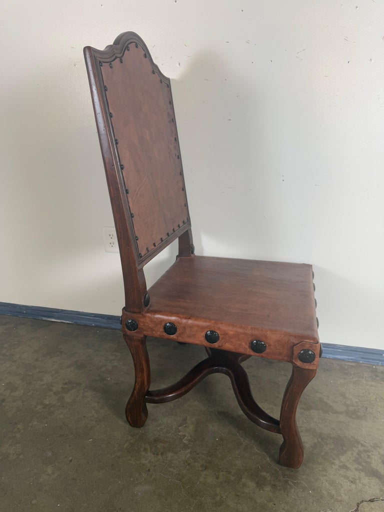 Set of Eight Spanish Walnut & Leather Dining Chairs
