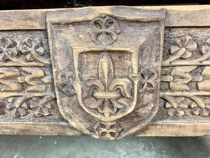 Monumental Spanish Carved Wood Bench with Linen Upholstery